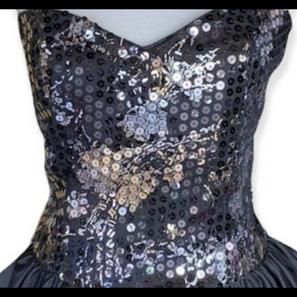 Vintage 80s Black Satin Dress Silver Sequins Peplum Size Medium - Picture 5 of 7